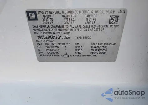 2015 Chevrolet Silverado 1500 1Lt из США, поврежденный, VIN 3GCUKREC1FG150559